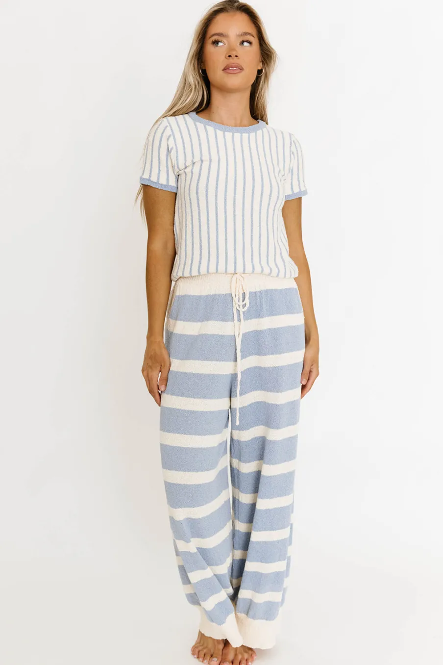 Hot Worth Collective Zelie Relaxed Sweater Set in Blue/Ivory