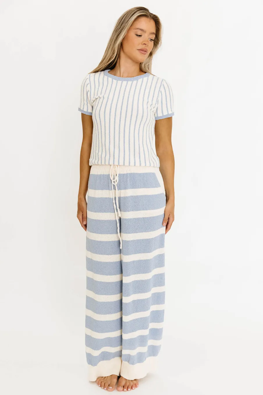 Hot Worth Collective Zelie Relaxed Sweater Set in Blue/Ivory