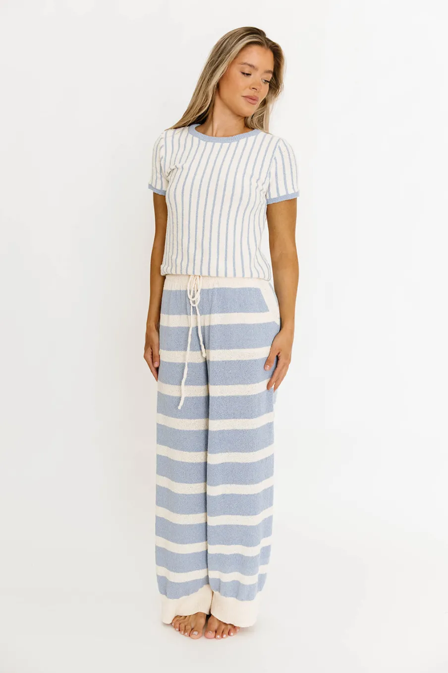 Hot Worth Collective Zelie Relaxed Sweater Set in Blue/Ivory