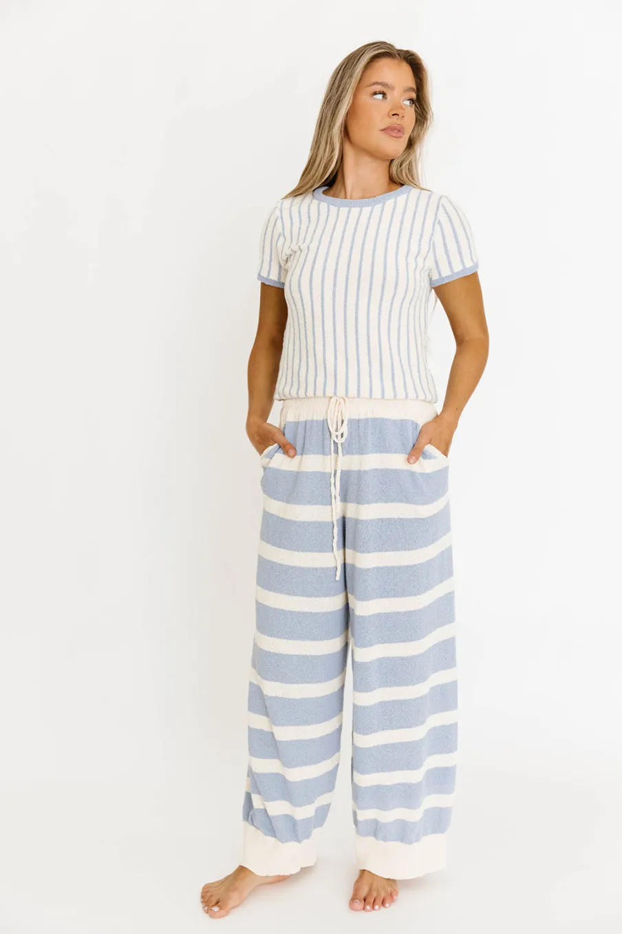 Hot Worth Collective Zelie Relaxed Sweater Set in Blue/Ivory